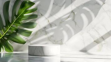 AI generated Minimalist 3D scene for product pot made of marble with green leaf with soft shadows. High quality. AI Generative photo