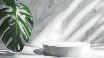 AI generated Minimalist 3D scene for product pot made of marble with green leaf with soft shadows. High quality. AI Generative photo
