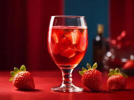 AI generated A Glass of Strawberry Juice Beckons Against a Vibrant Red Background photo