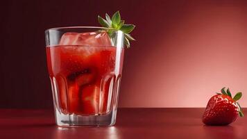 AI generated A Glass of Strawberry Juice Beckons Against a Vibrant Red Background photo