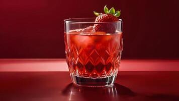 AI generated A Glass of Strawberry Juice Beckons Against a Vibrant Red Background photo