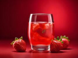 AI generated A Glass of Strawberry Juice Beckons Against a Vibrant Red Background photo