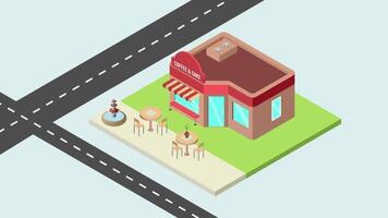 Online delivery service concept with delivery man ride scooter delivering parcel box and food truck. 2D isometric Animation video