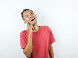 Asian man touching chin thinking, making decision, choosing something, having doubts, standing on white background photo