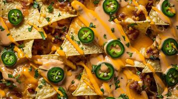 AI generated Close up of Cinema Food nachos with cheese and jalapeno in a full screen tile image that can be repeated infinitely photo