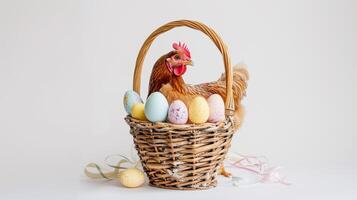 AI generated An Easter basket with a hen sitting in it steals the spotlight, meticulously arranged against a clear, radiant white background and copy space for text photo