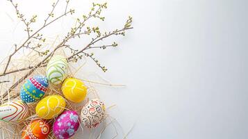 AI generated An Easter decoration steals the spotlight, meticulously arranged against a clear, radiant white background wit copy space photo