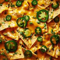 AI generated Close up of Cinema Food nachos with cheese and jalapeno in a full screen tile image that can be repeated infinitely photo