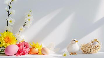 AI generated An Easter decoration steals the spotlight, meticulously arranged against a clear, radiant white background wit copy space photo