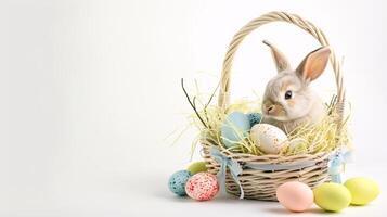 AI generated An Easter basket with a bunny sitting in it steals the spotlight, meticulously arranged against a clear, radiant white background and copy space for text photo