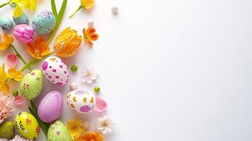 AI generated An Easter decoration steals the spotlight, meticulously arranged against a clear, radiant white background wit copy space photo
