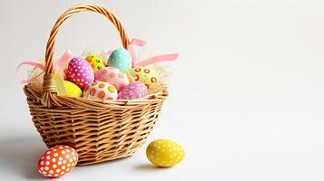 AI generated An Easter basket with eggs and flowers steals the spotlight, meticulously arranged against a clear, radiant white background and copy space for text photo