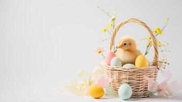 AI generated An Easter basket with a yellow chicken steals the spotlight, meticulously arranged against a clear, radiant white background and copy space for text photo