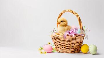 ai generado un Pascua de Resurrección cesta con un amarillo pollo roba el destacar, meticulosamente arreglado en contra un claro, radiante blanco antecedentes y Copiar espacio para texto foto