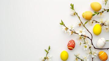 AI generated An Easter decoration steals the spotlight, meticulously arranged against a clear, radiant white background wit copy space photo