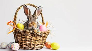 AI generated An Easter basket with a bunny sitting in it steals the spotlight, meticulously arranged against a clear, radiant white background and copy space for text photo