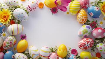 AI generated a frame crafted from a collection of vibrant Easter eggs, takes center stage against a clear white background to insert your text or image in it photo