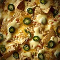 AI generated Close up of Cinema Food nachos with cheese and jalapeno in a full screen tile image that can be repeated infinitely photo