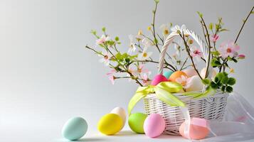 AI generated An Easter basket with eggs and flowers steals the spotlight, meticulously arranged against a clear, radiant white background and copy space for text photo