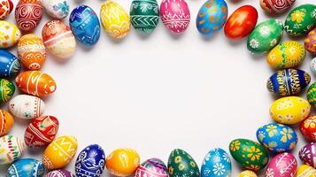 AI generated a frame crafted from a collection of vibrant Easter eggs, takes center stage against a clear white background to insert your text or image in it photo