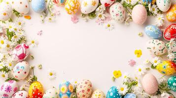 AI generated a frame crafted from a collection of vibrant Easter eggs, takes center stage against a clear white background to insert your text or image in it photo