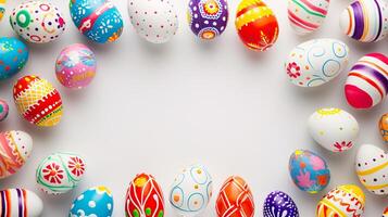 AI generated a frame crafted from a collection of vibrant Easter eggs, takes center stage against a clear white background to insert your text or image in it photo