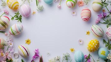 AI generated a frame crafted from a collection of vibrant Easter eggs, takes center stage against a clear white background to insert your text or image in it photo