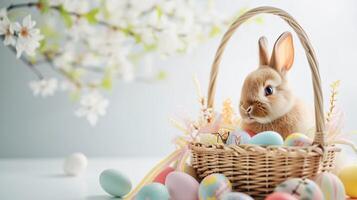 AI generated An Easter basket with a bunny sitting in it steals the spotlight, meticulously arranged against a clear, radiant white background and copy space for text photo