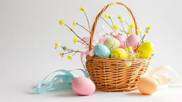 AI generated An Easter basket with eggs and flowers steals the spotlight, meticulously arranged against a clear, radiant white background and copy space for text photo