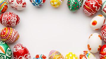 AI generated a frame crafted from a collection of vibrant Easter eggs, takes center stage against a clear white background to insert your text or image in it photo