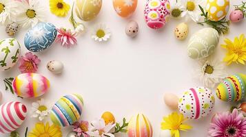 AI generated a frame crafted from a collection of vibrant Easter eggs, takes center stage against a clear white background to insert your text or image in it photo