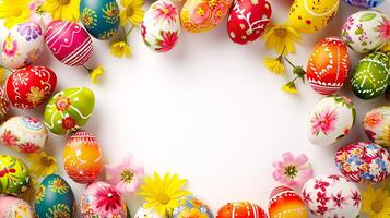 AI generated a frame crafted from a collection of vibrant Easter eggs, takes center stage against a clear white background to insert your text or image in it photo