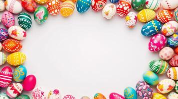 AI generated a frame crafted from a collection of vibrant Easter eggs, takes center stage against a clear white background to insert your text or image in it photo