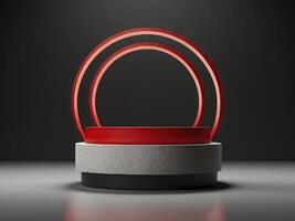 AI generated photo red light round podium and black background for mock-up