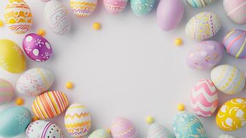 AI generated a frame crafted from a collection of vibrant Easter eggs, takes center stage against a clear white background to insert your text or image in it photo