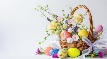 AI generated An Easter basket with eggs and flowers steals the spotlight, meticulously arranged against a clear, radiant white background and copy space for text photo