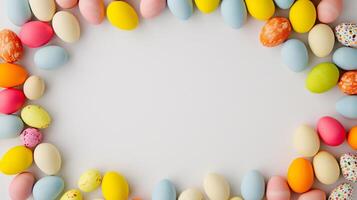 AI generated a frame crafted from a collection of vibrant Easter eggs, takes center stage against a clear white background to insert your text or image in it photo