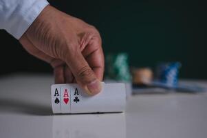 Aces in poker player hand in concept of casino gambling photo