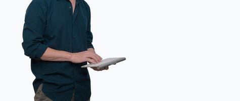 businessman using a wireless computer keybaord on white background photo