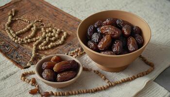 A bowl of dates and prayer beads on a prayer mat photo