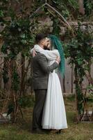 wedding ceremony of the newlyweds in a country cottage photo