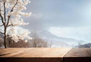 AI generated empty wooden tabletop with cherry blossom blur background ai generated photo