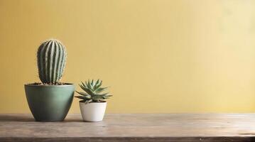 AI generated Small cactus on wooden table with yellow background ai generated photo