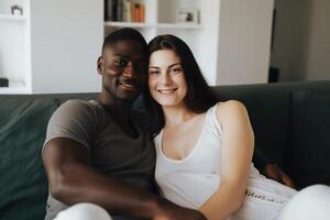 AI Generated Interracial couple smiling and sitting closely on the couch photo