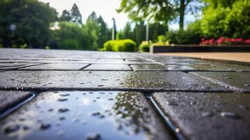 AI generated Wet cobblestone path after rain in lush park, closeup photo