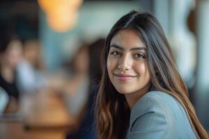 AI Generated Young Hispanic woman listening to presentation in group meeting in office photo