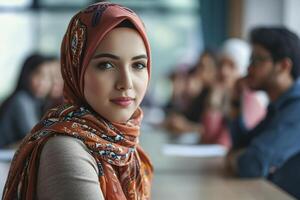 AI Generated Young Arab woman listening to presentation in group meeting in office photo