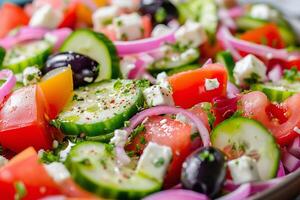 ai generado vistoso griego ensalada con Fresco vegetales y queso feta queso foto