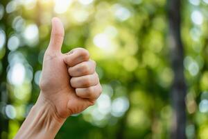 AI Generated Positive Gesture with Thumbs Up in Natural Setting outdoors photo