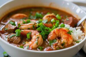 AI generated Gumbo with shrimp, sausage, rice topped with green onions close up photo